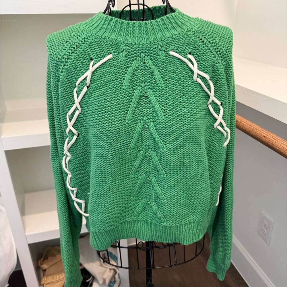 bohme Green Crewneck Sweater with White Lace Trim